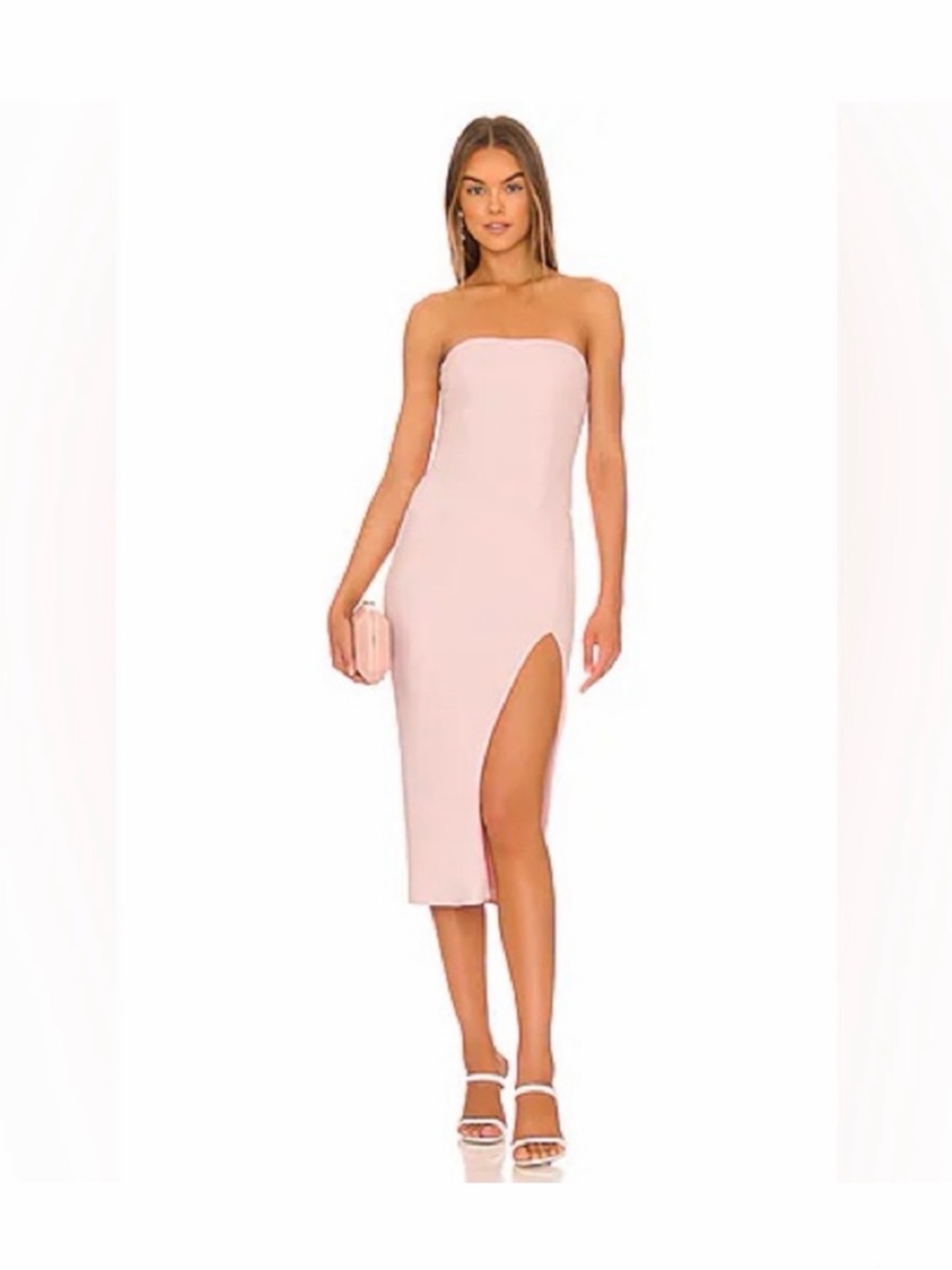 JAYGODFREY Light Pink Blush Strapless Midi Dress with Side Thigh Slit